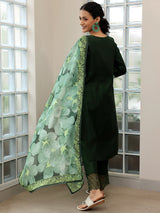 Women's Dark Green Panelled Kurta With and Trouser With Embroidered Hem & Dupatta