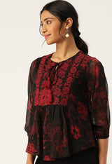 Women's Black Floral Print Tie-Up Neck Top