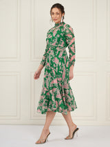 Women's Green Floral Printed Chiffon High Neck Fit & Flare Midi Dress