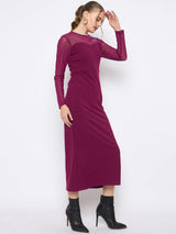 Women's Plum Casual Full Sleeve Swarovski Detailed Solid Round Neck Knitted Maxi Dress