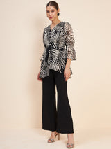 Women's Black Conversational Printed V-Neck Puff Sleeve Co-ords Set