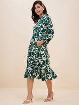 Women's Green Geometric Printed Shirt Midi Dress