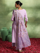Women's Purple Silk Blend Yoke Design Straight Kurta and Trouser with Silk Blend Printed Dupatta