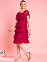Women's Red Chiffon Gathe Or Pleated Fit & Flare Party Dress
