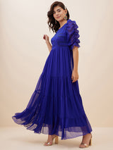 Women's Cobalt Blue Embellished Puff Sleeves Chiffon Fit and Flare Maxi Dress