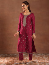 Women's Pink Floral Embroidered Straight Kurta with Solid Trouser and Embellished Dupatta