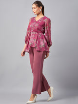 Women's Onion Pink Floral Printed V-Neck Tunic With Trousers