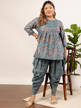 Women's Blue Plus Size Floral Printed Sequin A-Line Kurti with Dhoti Pant