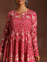 Women's Pink Floral Printed Panelled a-line Kurta with Solid Trouser and Printed Dupatta