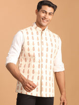 Men's Cream Leaf Motif Printed Pure Cotton Full Sleeves Nehru Jacket