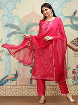 Women's Red 3 Pieces Kurta with Dupatta