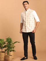 Men's Cream Leaf Motif Printed Pure Cotton Full Sleeves Nehru Jacket