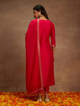 Women's Hot Pink Silk Blend Printed Straight Kurta and Viscose Rayon Solid Trouser with Chiffon Dupatta