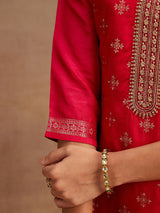 Women's Hot Pink Silk Blend Printed Straight Kurta and Viscose Rayon Solid Trouser with Chiffon Dupatta