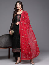 Women's Black Georgette Embroidered Straight Kurta and Silk Blend Solid Trouser with Georgette Dupatta