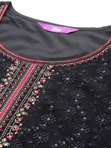 Women's Black Georgette Embroidered Straight Kurta and Silk Blend Solid Trouser with Georgette Dupatta