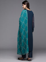 Women's Navy Georgette Embroidered Straight Kurta and Silk Blend Solid Trouser with Georgette Dupatta
