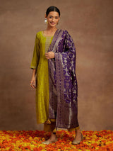 Women's Green Pure Silk Self Design Straight Kurta & Pure Silk Solid Trousers & Purple Self Design Dupatta