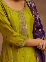 Women's Green Pure Silk Self Design Straight Kurta & Pure Silk Solid Trousers & Purple Self Design Dupatta