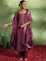 Women's Magenta Bandhani Printed and Woven Design Kurta With Trouser and Dupatta
