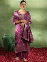 Women's Magenta Bandhani Printed and Woven Design Kurta With Trouser and Dupatta