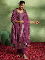 Women's Magenta Bandhani Printed and Woven Design Kurta With Trouser and Dupatta