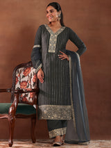 Women's Grey Floral Zari Embroidered Kurta With Lining & Trouser With Dupatta