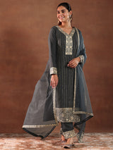 Women's Grey Floral Zari Embroidered Kurta With Lining & Trouser With Dupatta