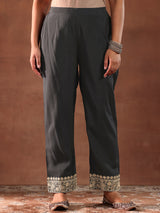 Women's Grey Floral Zari Embroidered Kurta With Lining & Trouser With Dupatta