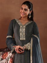 Women's Grey Floral Zari Embroidered Kurta With Lining & Trouser With Dupatta