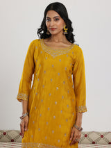 Women's Mustard Floral Zari Embroidered Kurta With Wide Leg Palazzo and Dupatta