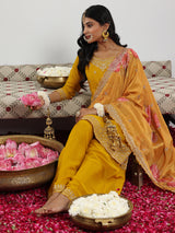 Women's Mustard Floral Zari Embroidered Kurta With Wide Leg Palazzo and Dupatta