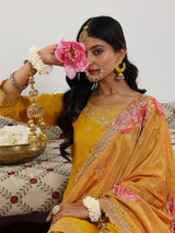 Women's Mustard Floral Zari Embroidered Kurta With Wide Leg Palazzo and Dupatta