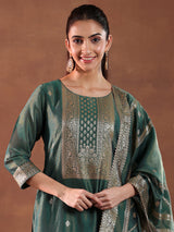 Women's Green Ethnic Motif Woven Design Zari Kurta With Trouser and Dupatta