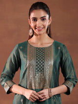 Women's Green Ethnic Motif Woven Design Zari Kurta With Trouser and Dupatta