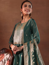 Women's Green Ethnic Motif Woven Design Zari Kurta With Trouser and Dupatta