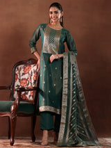 Women's Green Ethnic Motif Woven Design Zari Kurta With Trouser and Dupatta