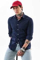 Men's Navy Casual Slim Fit Solid Full Sleeves Shirt
