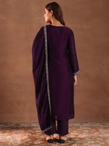 Women's Purple Ethnic Motif Embroidered Straight Kurta with Solid Trouser and Embellished Dupatta