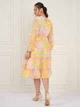 Women's Yellow Floral Printed Pleated Puff Sleeves Tie Chiffon Fit & Flare Midi Dress