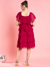 Women's Red Chiffon Gathe Or Pleated Fit & Flare Party Dress
