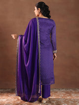 Women's Purple Bandhani Printed Straight Kurta With Trouser and Chiffon Dupatta