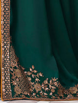 Women's Satin Silk Blue Embellished Designer Saree with Blouse Piece