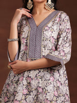 Women's Grey Floral Printed A-line Short Kurta With Printed Dhoti Pants
