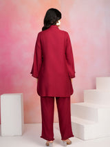 Women's Red Embroidered Viscose Rayon Co-ord Set
