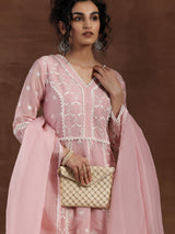 Women's Pink Motif Embroidered Panelled Kurta With Palazzo With Solid Dupatta