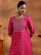 Women's Dark Pink Motif Woven Design Short Kurta With Solid Wide Leg Palazzo and Dupatta