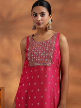 Women's Pink Motif Woven Design Sleeveless Kurta With Solid Trouser and Dupatta