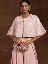 Women's Pink Solid Crop Top With Wide Leg Palazzos and Floral Short Poncho