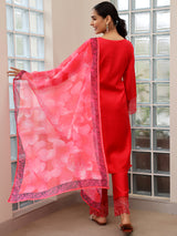 Women's Red Solid Panelled Kurta With Yoke and Solid Trouser With Dupatta